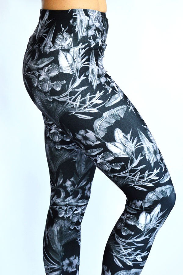 Fekete fehér trópusi mintás női sport leggings_WJFLEG13_2